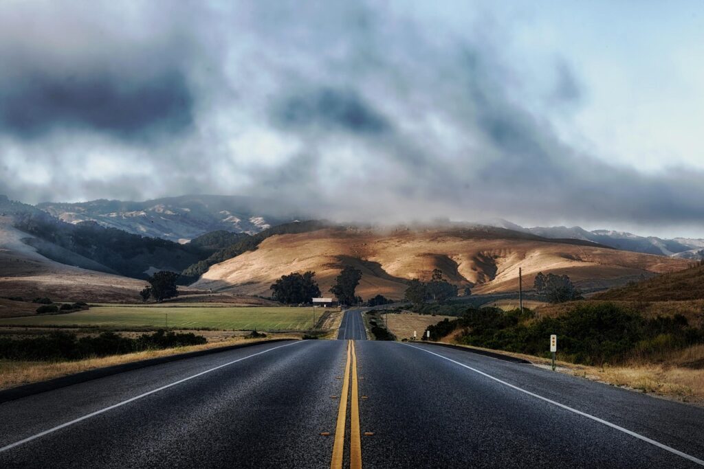 road, pavement, countryside, landscape, highway, roadway, drive, route, way, outdoor, scenic, california, gloomy, road, road, road, road, road